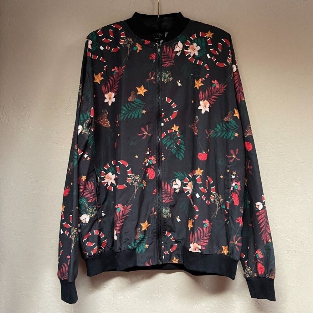 BoohooMan Womens Full Zip Jacket XL Star Floral Print Black Christmas Holiday